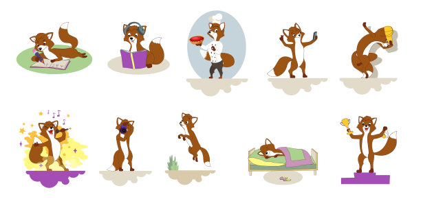 一套狐狸的日常生活、活动和爱好的插图。图片下载