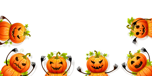 快乐万圣节横幅模板。黄色背景上有令人毛骨悚然的手的南瓜。插图图片下载
