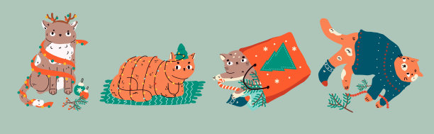 有趣的猫圣诞和新年套装。可爱的猫带着花环，礼品盒，毛衣。收集卡通宠物冬季季节庆祝和问候图片下载