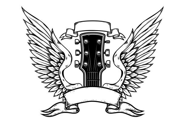 摇滚音乐节。插图翼摇滚吉他。设计元素标签，标志。矢量图图片下载