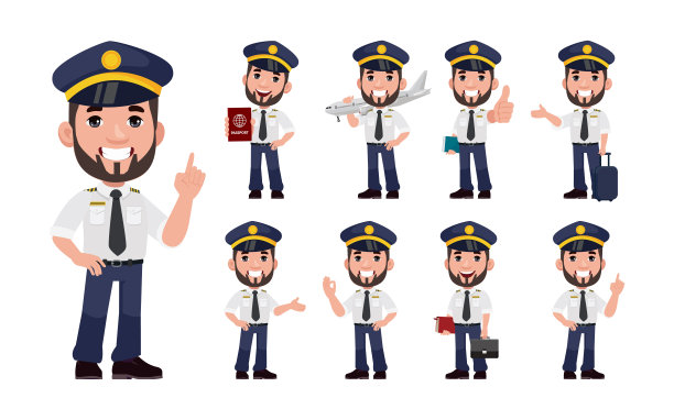 不同姿势的飞行员。向量图片下载