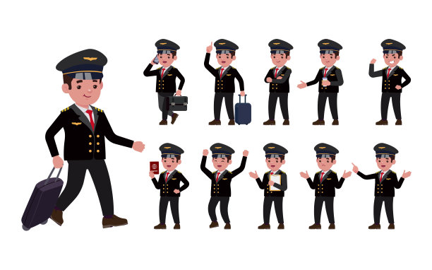 不同姿势的飞行员。向量图片下载