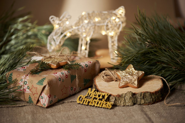 圣诞星状姜饼饼干，有礼品盒和树枝图片下载