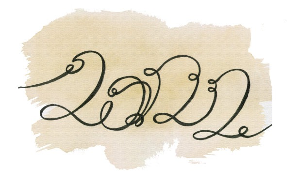 连续的一条线绘制一个2022年的数字年在水彩米色斑点在白色的背景图片下载