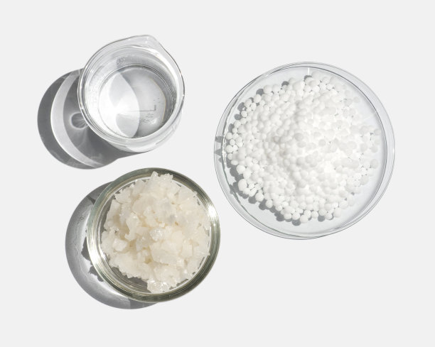 硬质合金在化学手表玻璃旁边的片状盐和烧杯。白色实验台上的化学成分特写。俯视图图片下载