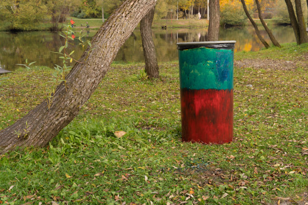 木桶自然环境秋天花园，从绿色垃圾在黄草室外，烟雾垃圾。园艺秋天的橘子，精力充沛图片下载