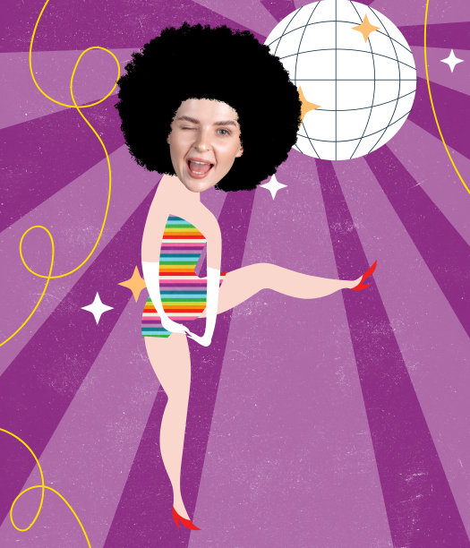 当代艺术拼贴，现代设计。迪斯科舞会。年轻欢快的女孩在复古夜总会跳舞。图片下载