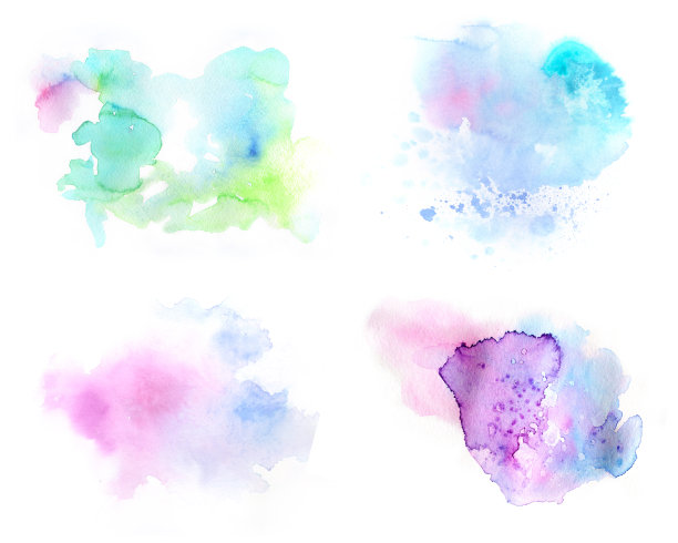 集合一套温柔浪漫的新鲜的春天手绘孤立的水彩飞溅点孤立的白色背景。设计元素采用浅蓝色、紫色、紫色和粉红色。图片下载