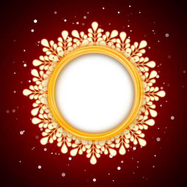 圆形框架的方形插图，明亮的红色背景上有金色的雪花。图片下载