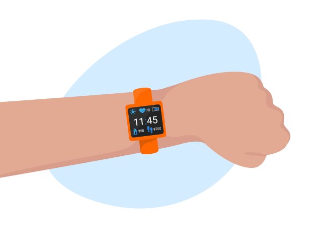 智能手表在手顶视孤立。显示时间、脉搏、步数、卡路里等指标的健身手环、智能手环。矢量平面插图图片下载