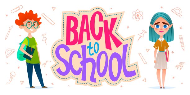回到学校。水平横幅与文本，小学生和图标图片下载