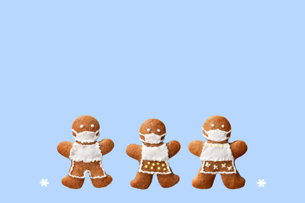 可爱的姜饼家庭带着防护面具和雪花，孤立，蓝色的背景。贺卡，文字复制空间图片下载