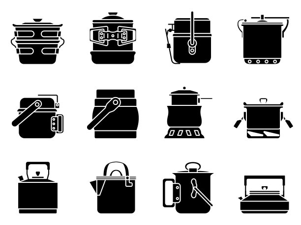 密封的锅，煮水的锅，有盖的锅。在外面的营火上做饭。野营、远足、旅行用餐具。一组矢量图标，字形，孤立图片下载