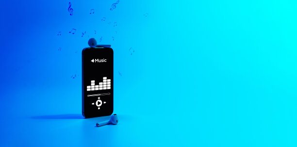 音乐图标。音频设备与节拍，声音耳机，音乐应用程序在移动智能手机屏幕。广播录音声音在蓝色梯度背景。广播媒体音乐概念。图片下载