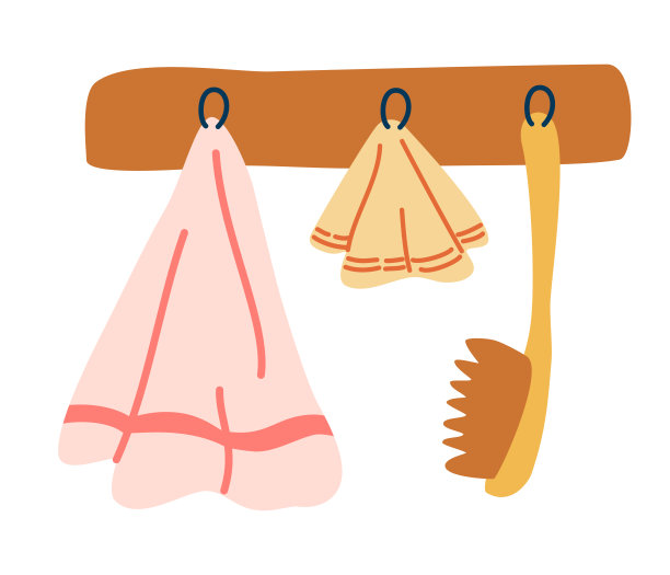 带有浴缸配件的衣架。毛巾,按摩刷。清洁家庭卫生用品。挂在钩子或支架上的一套毛巾。纺织擦拭。手绘矢量插图。图片下载