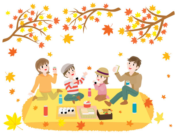 一家人在看枫树。图片下载