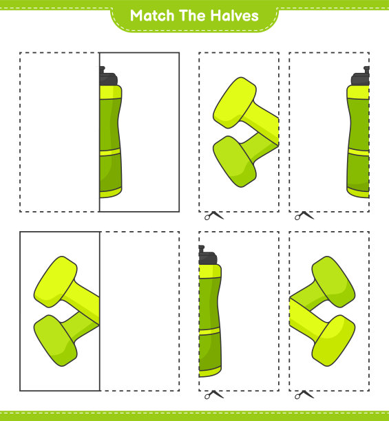 匹配的部分。将运动水瓶和哑铃两部分比赛。教育儿童游戏，可打印的工作表，矢量插图图片下载