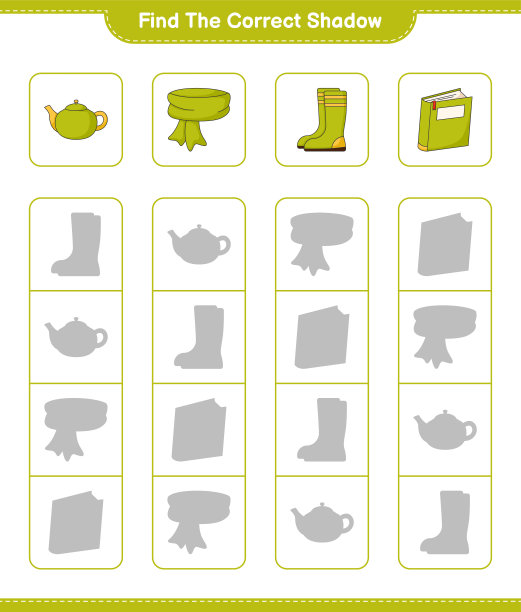 找到正确的影子。找到并搭配围巾、书、橡胶靴、茶壶的正确影子。教育儿童游戏，可打印的工作表，矢量插图图片下载