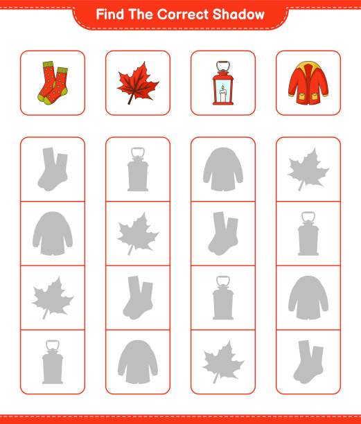找到正确的影子。找到并搭配灯笼、袜子、暖和的衣服、枫叶的正确影子。教育儿童游戏，可打印的工作表，矢量插图图片下载