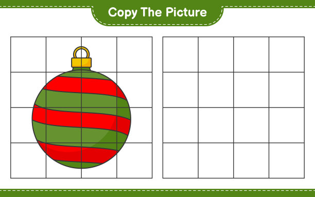 复制图片，用网格线复制圣诞球的图片。教育儿童游戏，可打印的工作表，矢量插图图片下载