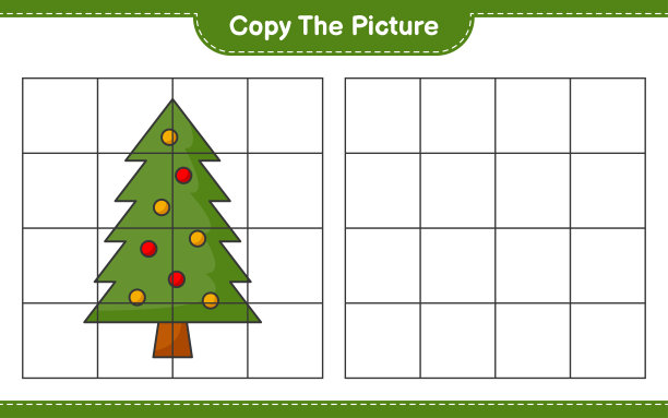 复制图片，使用网格线复制圣诞树的图片。教育儿童游戏，可打印的工作表，矢量插图图片下载