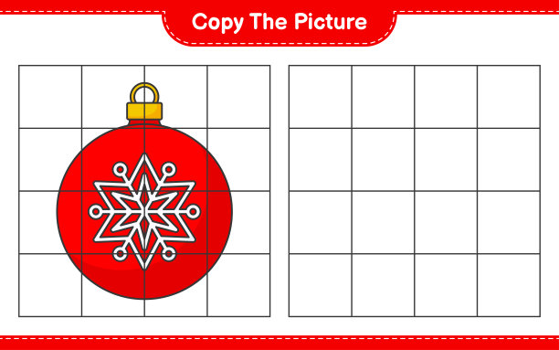 复制图片，用网格线复制圣诞球的图片。教育儿童游戏，可打印的工作表，矢量插图图片下载