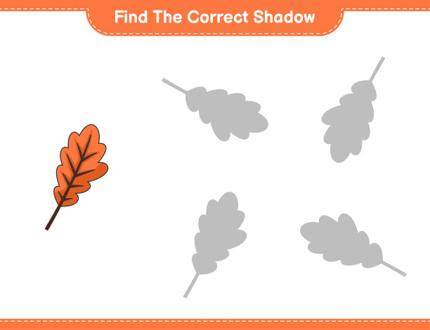 找到正确的影子。找到并匹配橡树叶的正确阴影。教育儿童游戏，可打印的工作表，矢量插图图片下载