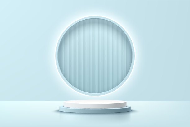 现实的白色和蓝色3D圆筒底座裙台与照明环霓虹灯和条纹图案在窗口。最小的产品展示场景。矢量渲染几何平台。图片下载