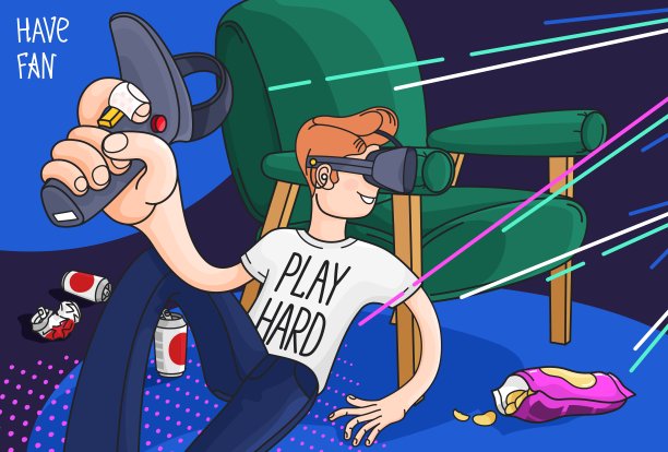 玩家玩电子游戏。卡通插图。向量的海报图片下载