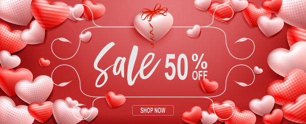 情人节促销海报，白色的花框和许多可爱的心的插图图片下载