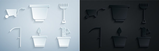 在花盆花园设置植物耙、镰刀、仙人掌和图片下载