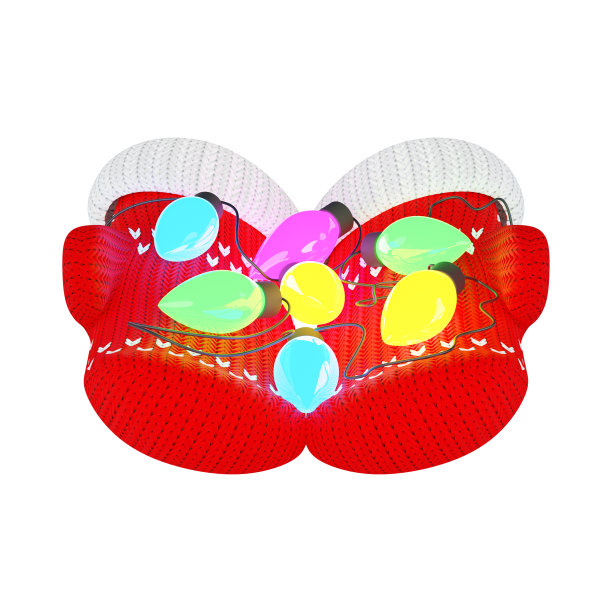 3d花环针织红色手套，彩色圣诞灯，孤立的白色背景，3d插图图片下载