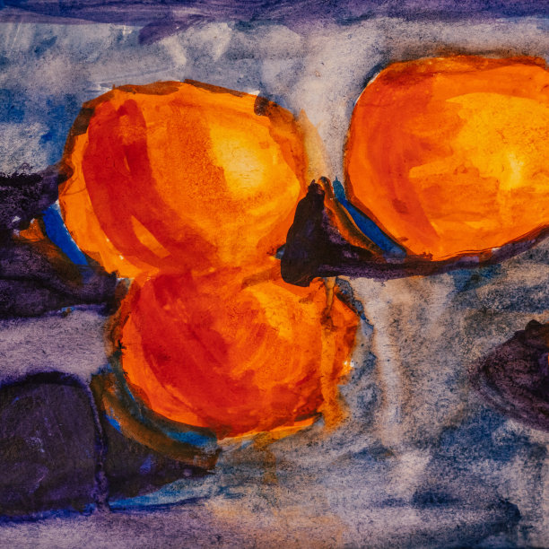 孩子们在深蓝色的底色上用水粉画画橘子。白俄罗斯明斯克,29.10.2021图片下载