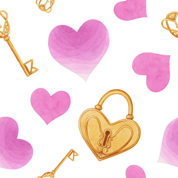 水彩无缝图案梯度粉红色的心，金色的锁，钥匙在白色的背景图片下载
