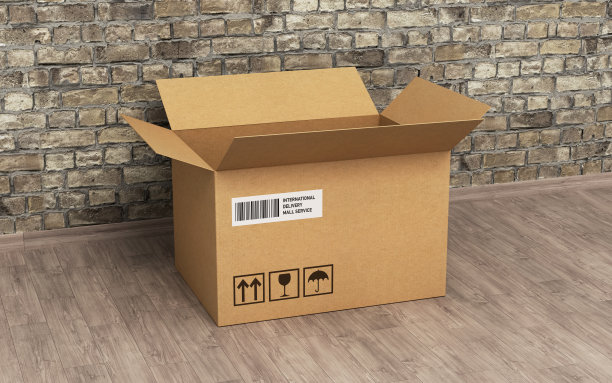 纸箱在混凝土地板前的砖墙stock photo图片下载