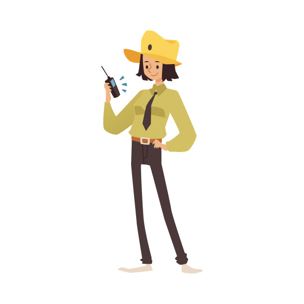 女子公园护林员或警卫角色，穿着卡其色的衣服和斯泰森帽子，用对讲机说话。图片下载
