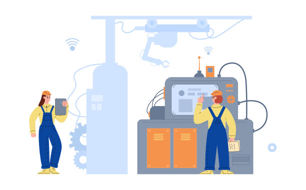 智能工厂线与工人，平面矢量图隔离。图片下载