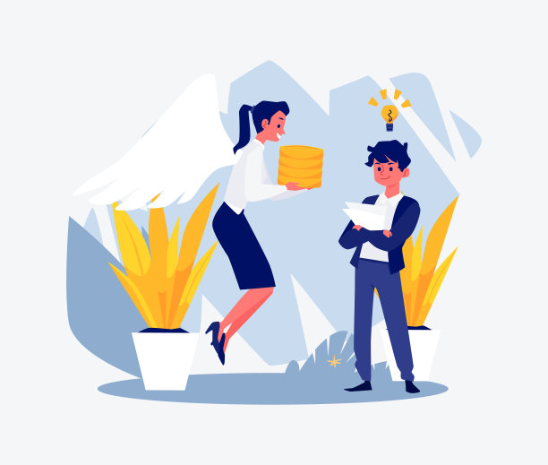 商业工作者与灯泡在他的头上接受钱为他的生意从女天使投资者，矢量。图片下载