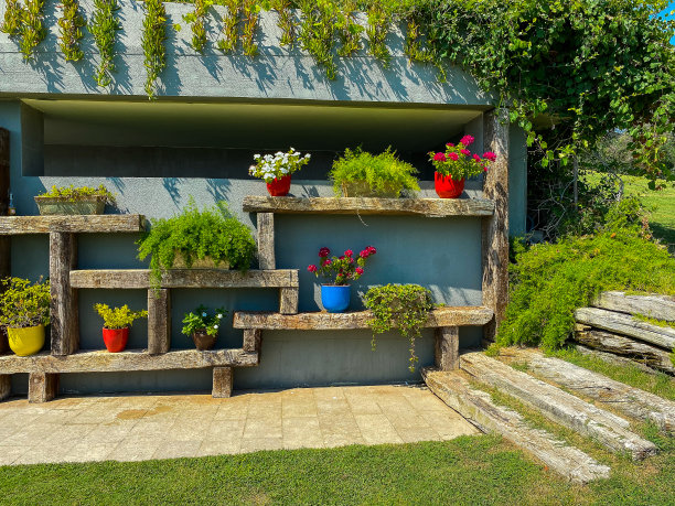 美化花园的墙，花盆和花图片下载