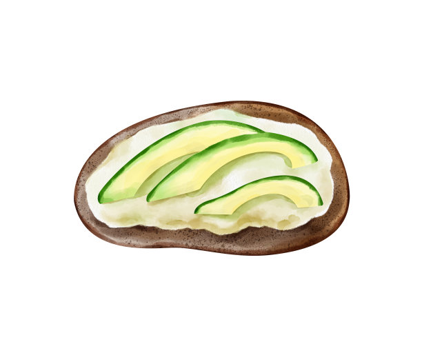 水彩吐司与牛油果和山羊奶酪黑麦面包孤立在白色背景。手绘插图图片下载