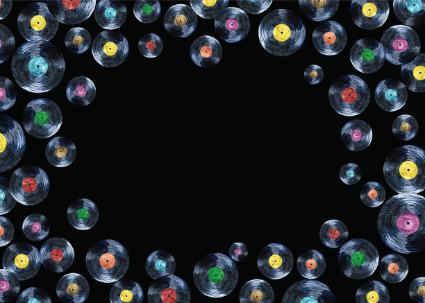 Funky复古迪斯科手绘乙烯基唱片在黑色边框装饰插图。A4 A5 A3国际纸幻灯片海报卡，有免费的空白文本复制空间图片下载