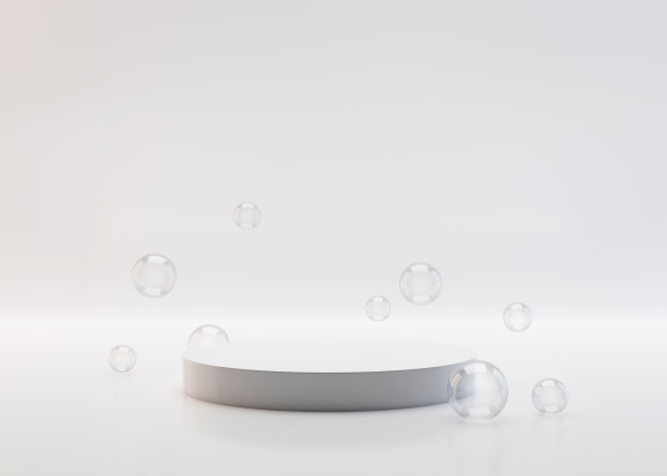 白色的讲台上有玻璃球的白色背景，简单的几何形式。3 d渲染。讲台为产品，化妆品展示。创造性的模仿。美容产品的底座或平台。图片下载
