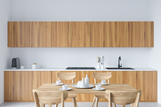 木制厨房设置室内餐桌和椅子，架子与厨房用具图片下载