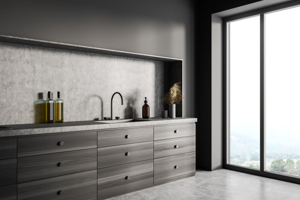 带有木质抽屉的极简主义厨房。角落里的观点。图片下载