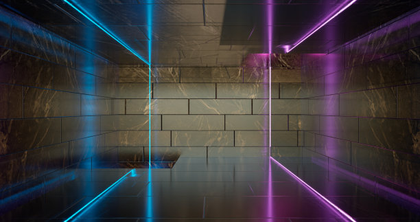 3 d渲染。霓虹灯下的几何图形映衬着黑暗的隧道。激光发光。图片下载