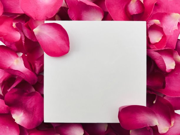 红玫瑰花瓣衬着中间的白色盒子，情人节卡片图片下载