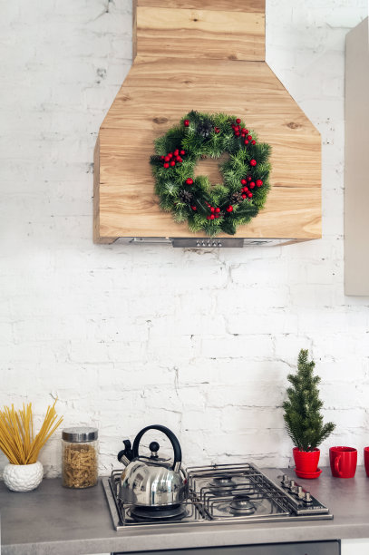 厨房装饰圣诞节，新年。厨房细节，放置文字。图片下载