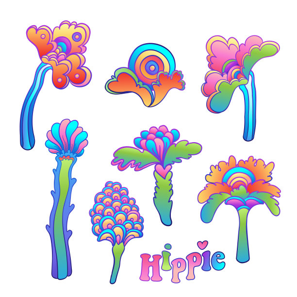 五颜六色的花套装，复古的60年代，70年代的嬉皮士风格。复古的迷幻矢量设计元素。孤立在白色的。图片下载