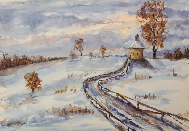 山上的小教堂和树木在冬天的景观。戏剧性的天空与雪地，手工制作的水彩图片下载