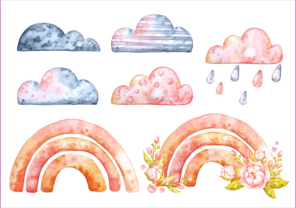 用水彩手绘彩虹和云彩。放荡不羁的阶梯。一个温暖的基调。被隔离在白色背景下图片下载